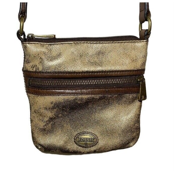 Fossil Explorer Mini Crossbody Purse Shoulder Bag Gold Metallic Leather 8x8 - Picture 1 of 9